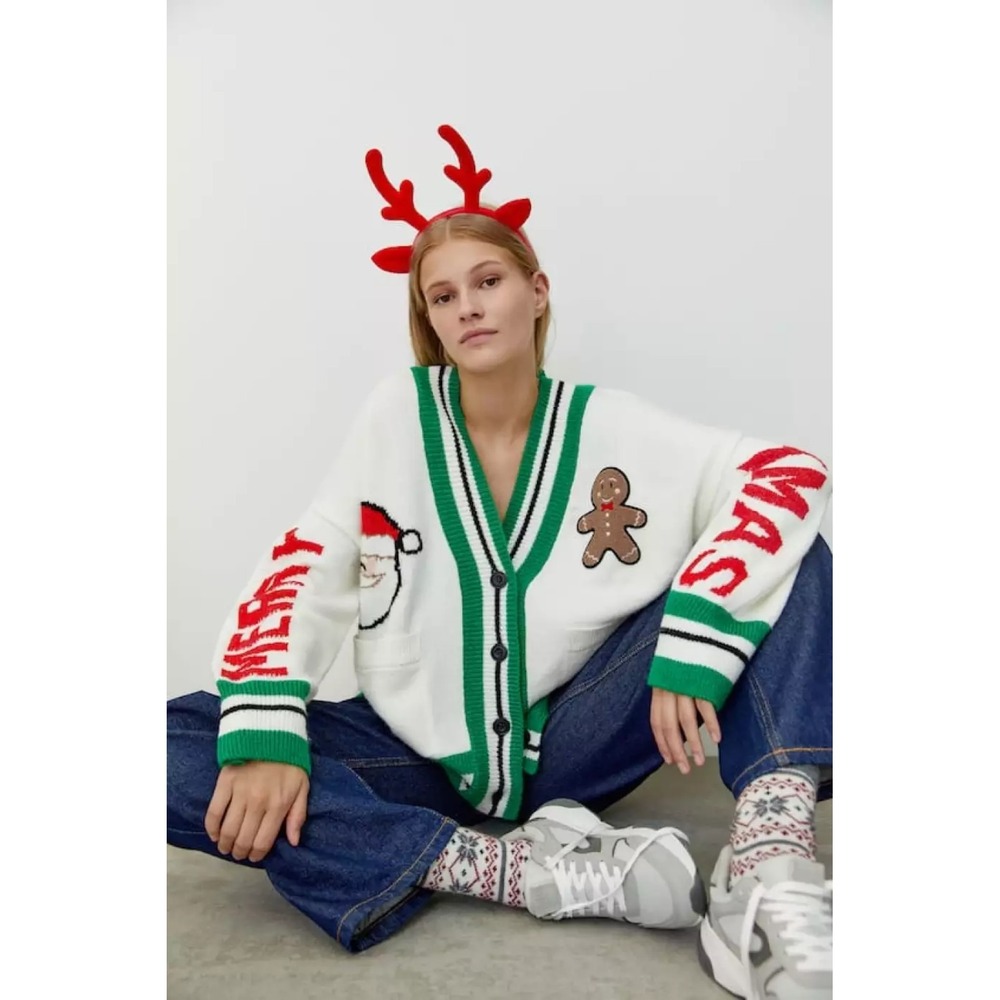 Pull&Bear White Green Christmas Cardigan Gingerbread Santa Merry L Ugly Sweater